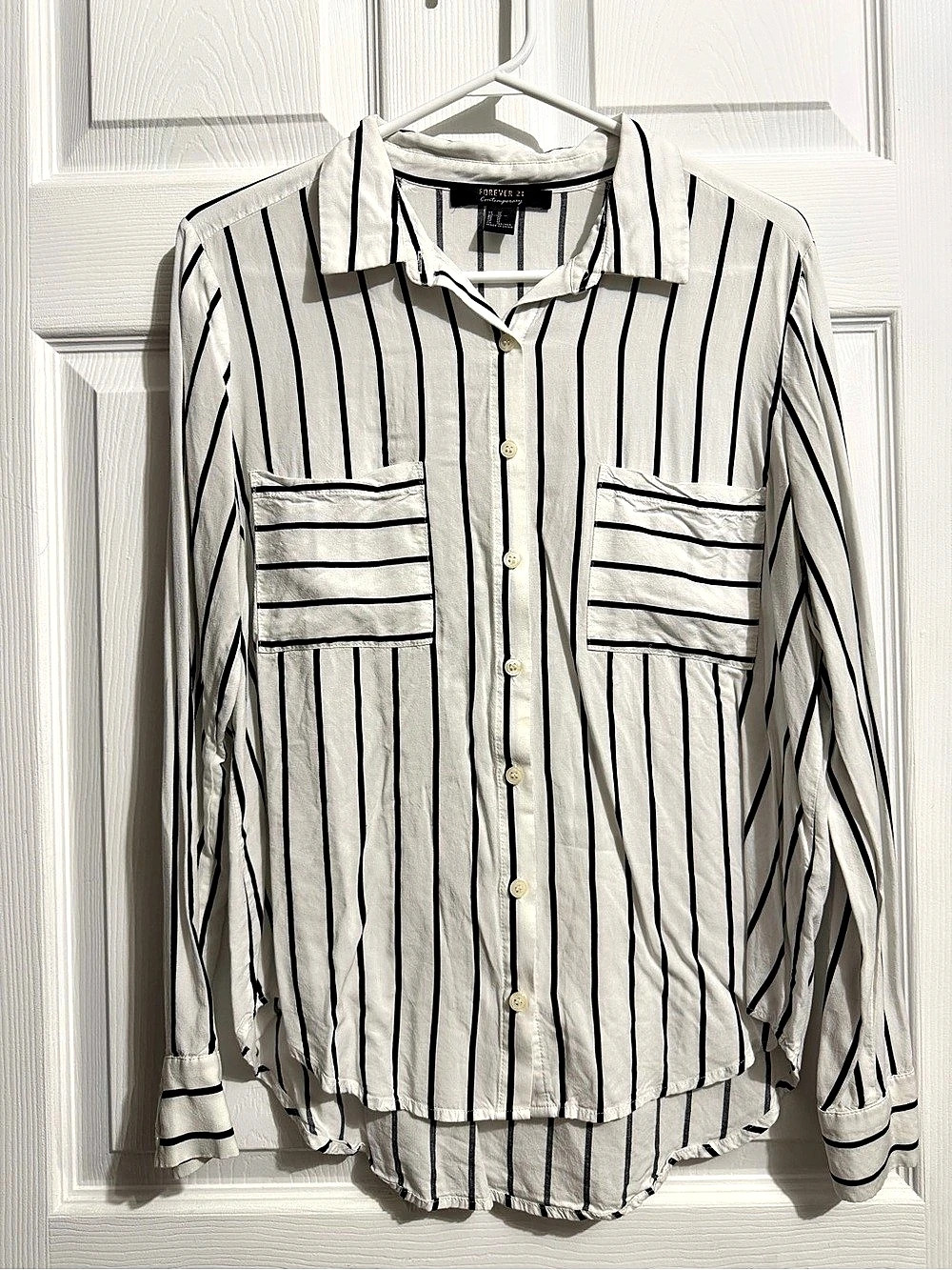 Forever 21 Striped Button Down Shirt in White & Black Size Medium